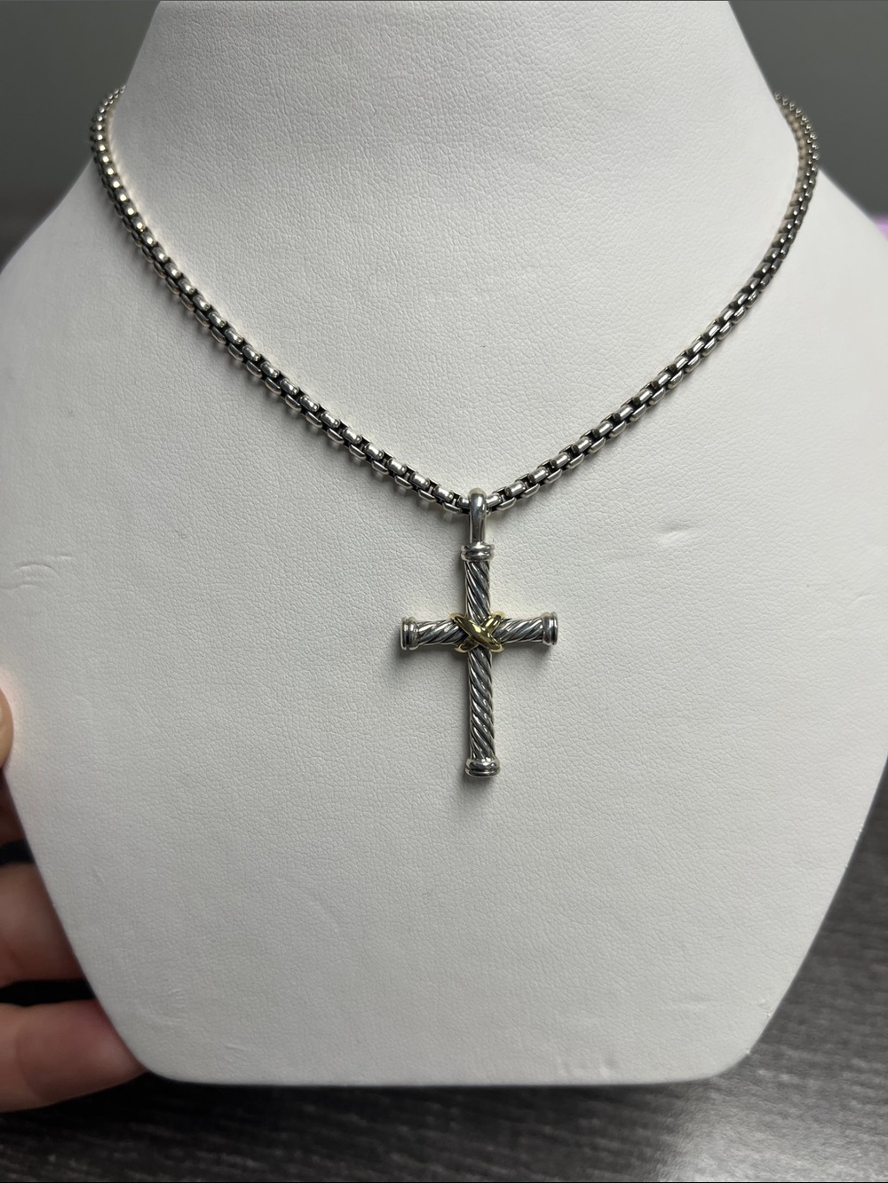 David Yurman sterling silver & 18k gold cross pendant & chain